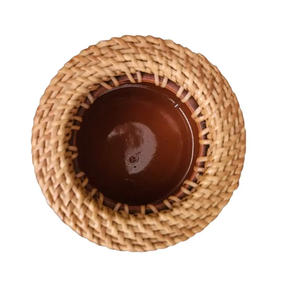 Vintage Studio Pottery Vase Woven Rattan Rim Brown Decorative Vessel Rustic